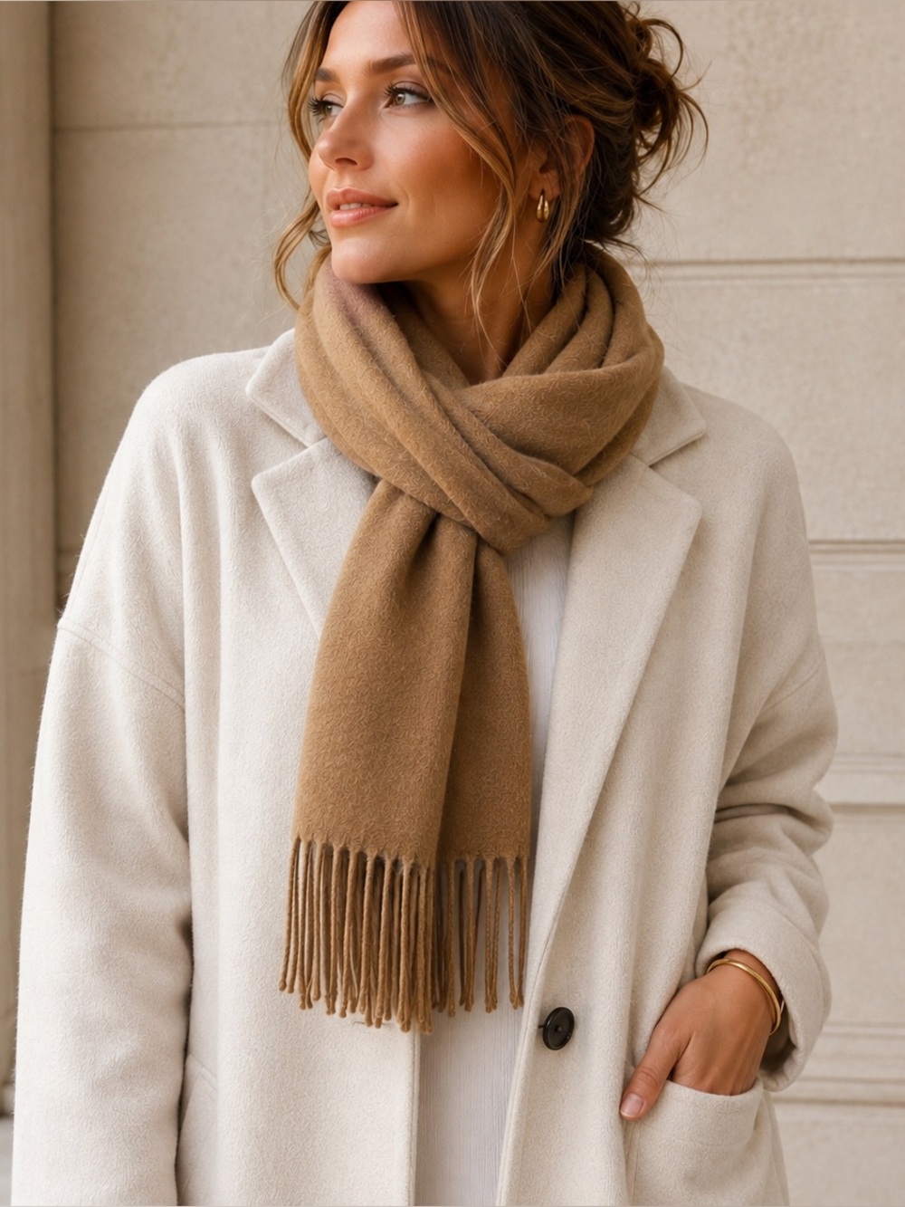 Portolano Camel Brown Cashmere-Blend Fringed Scarf